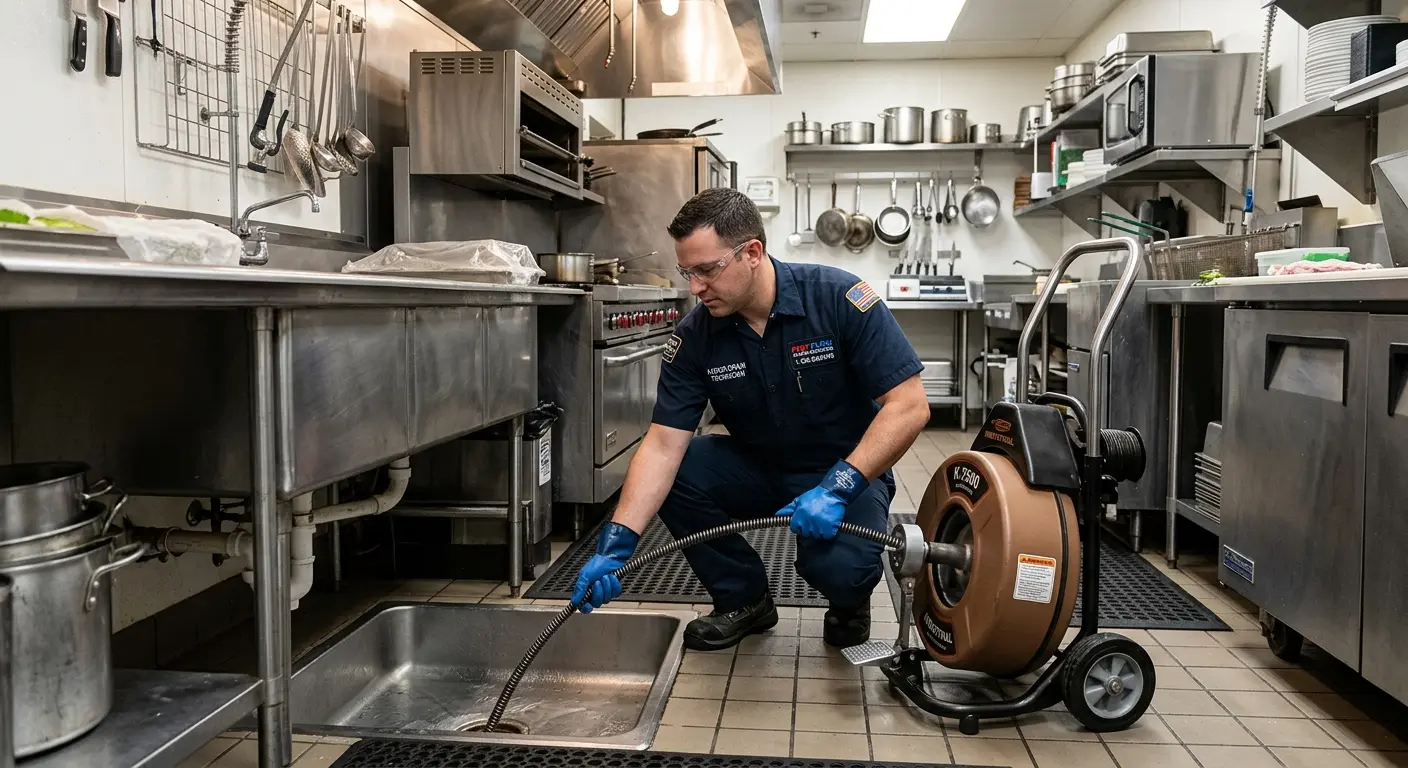 Commercial drain cleaning service in a restaurant kitchen in Bridgeport