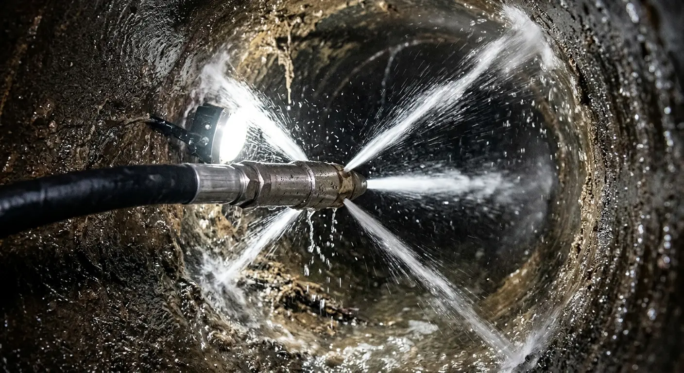 High-pressure hydro jetting nozzle cleaning sewer pipe for Storm Drain Cleaning in Bridgeport