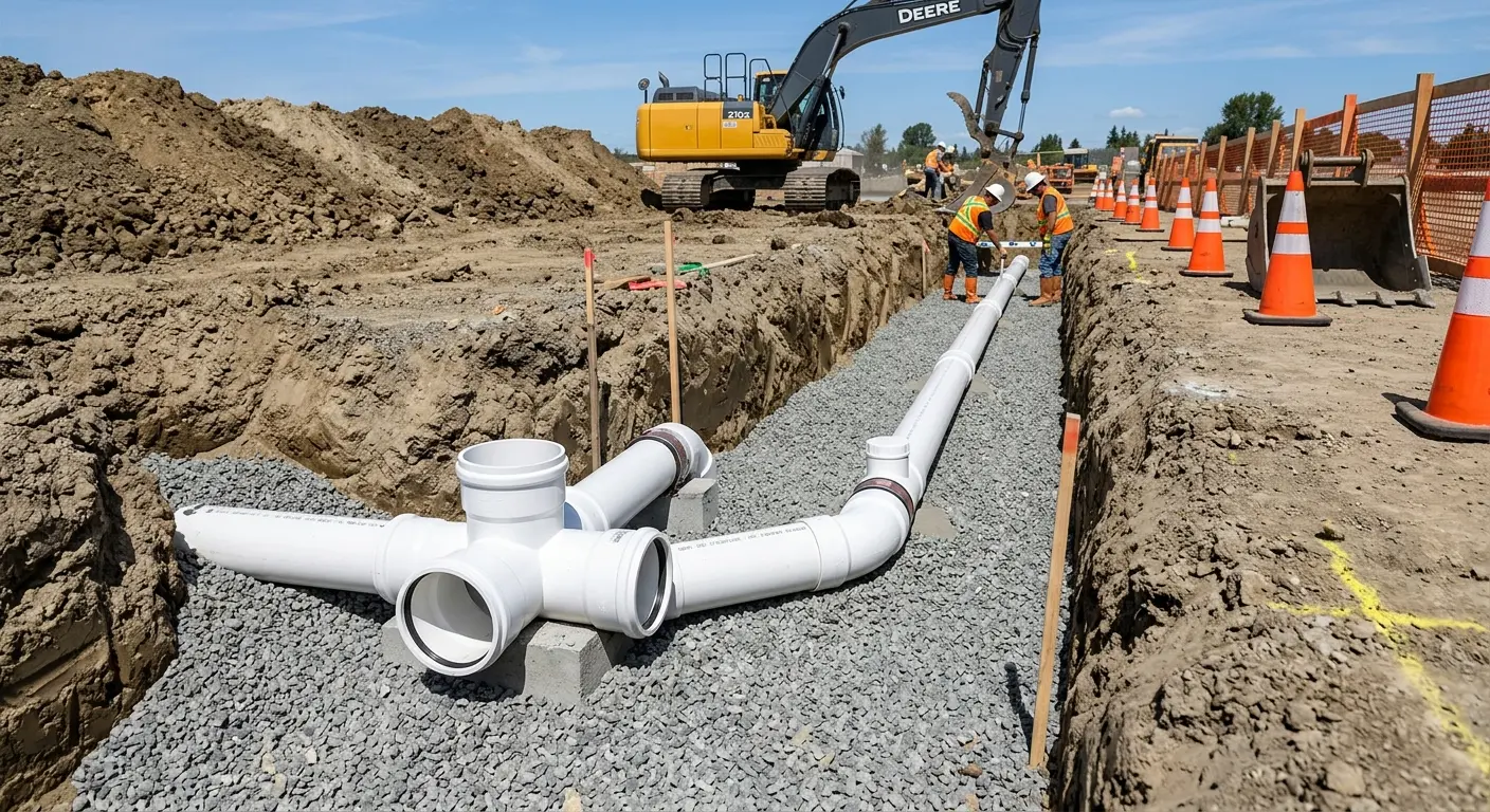 New PVC sewer pipe installation in open trench for Commercial Drain Cleaning in Bridgeport