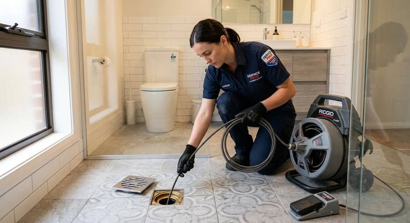 Technician clearing a bathroom floor drain for Drain Cleaning in Bridgeport